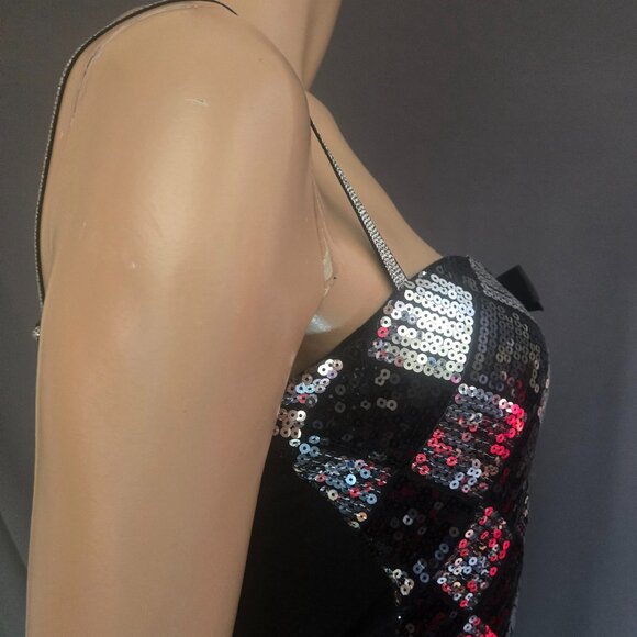 Y2K Sequin Tank Top With bow Size M Black Silver Diamond Pattern Mcbling 2000s - Picture 11 of 12